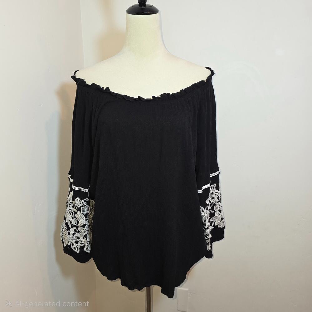 Anthropologie Black Off-Shoulder Tunic with White Embroidered Sleeves